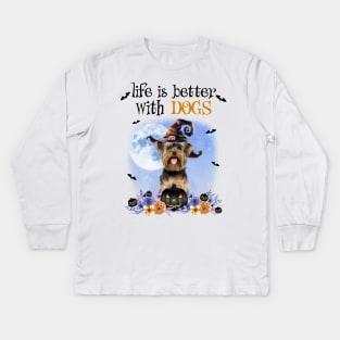 Yorkshire Terrier Witch Hat Life Is Better With Dogs Halloween Kids Long Sleeve T-Shirt